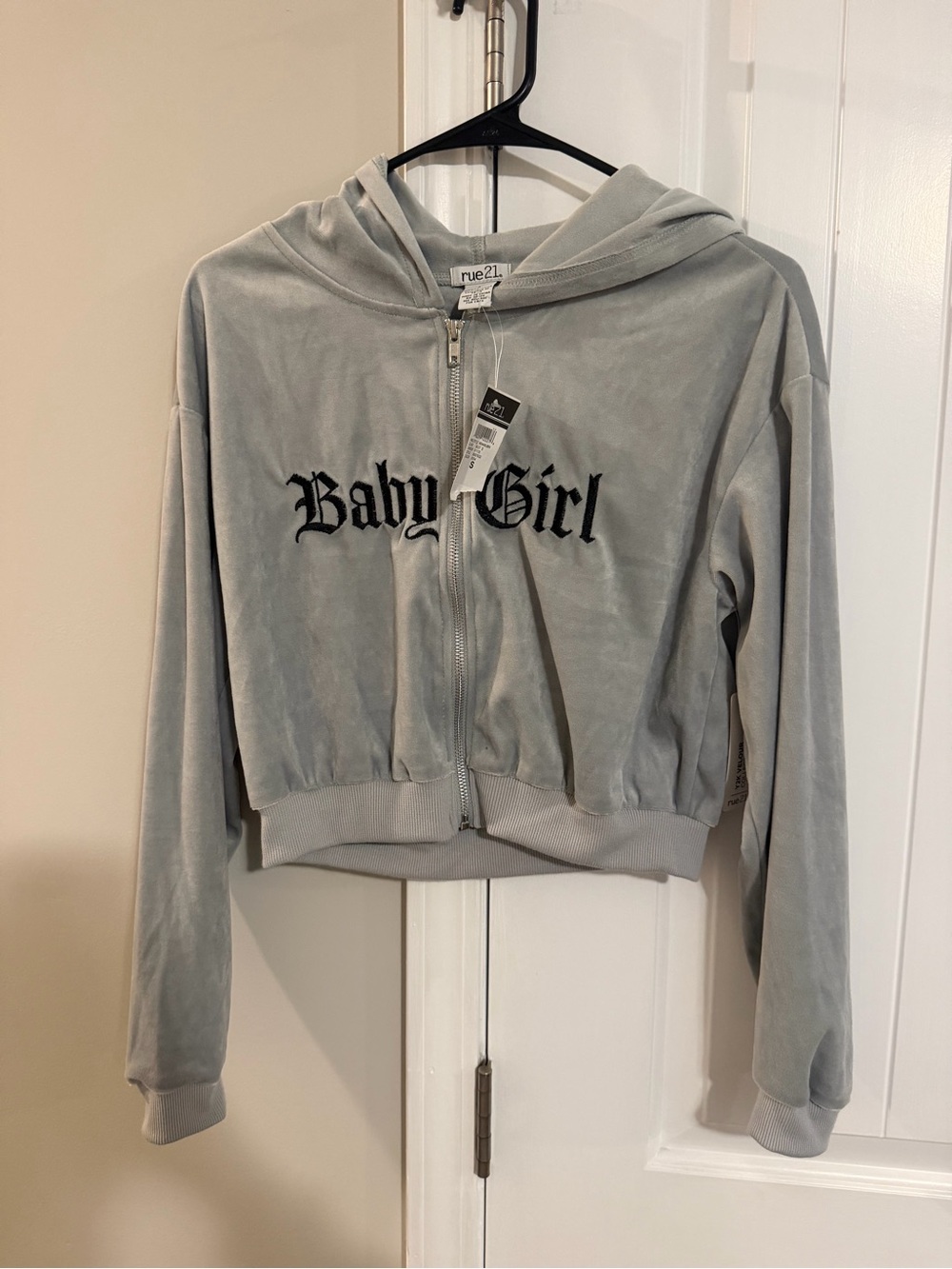 Y2K Velour Baby Girl Zip Up Crop Hoodie Grey Brand New With Tags Size Small